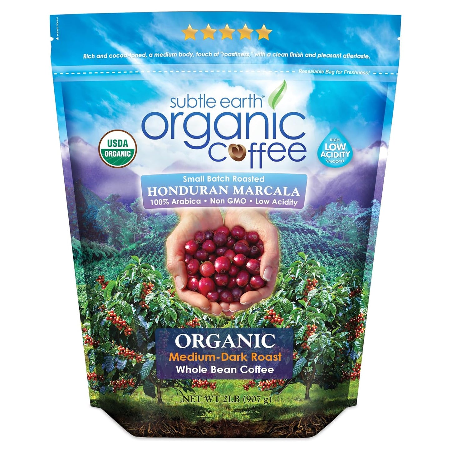 2LB Subtle Earth Organic Coffee - Medium-Dark Roast - Whole Bean Coffee - 100% Arabica Beans - Low Acidity and Non-GMO - 2lb bag