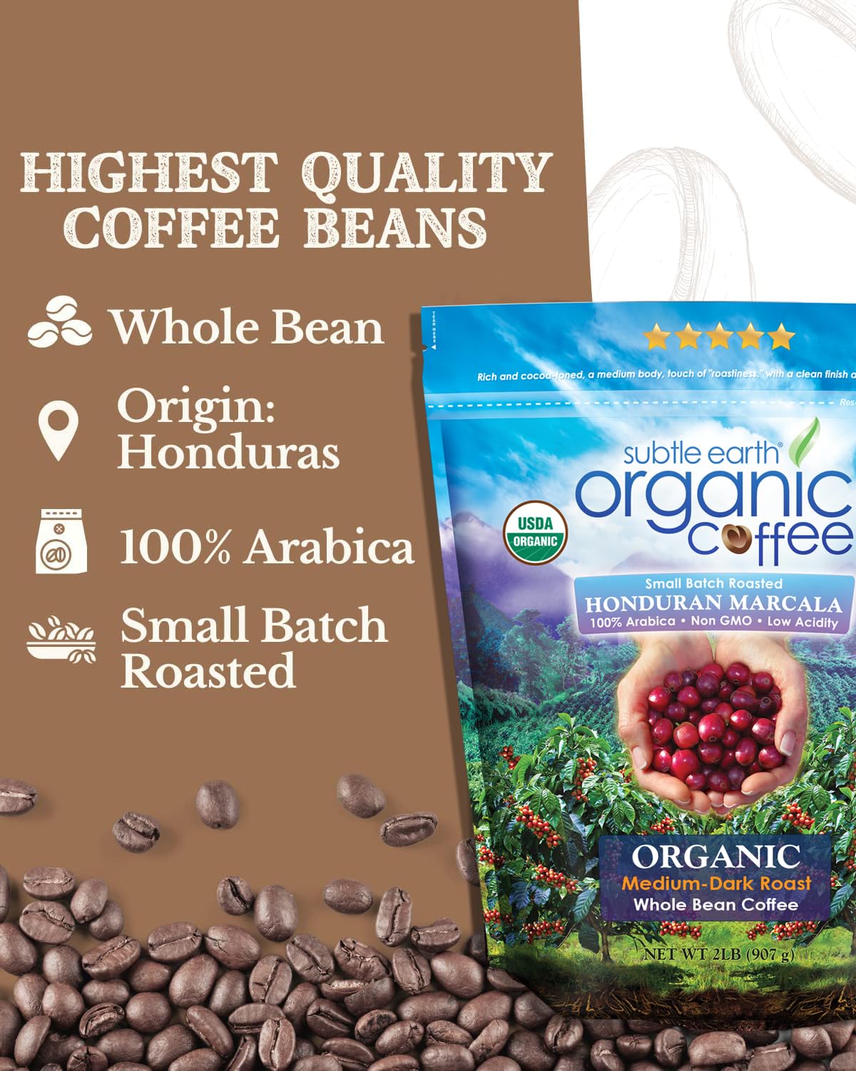 2LB Subtle Earth Organic Coffee - Medium-Dark Roast - Whole Bean Coffee - 100% Arabica Beans - Low Acidity and Non-GMO - 2lb bag