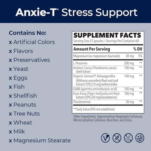 Anxie-T - Stress Relief Supplement - Supports Mood & Mental Focus - Feel Calm and Relaxed - Eases Tension & Nervousness - Ashwagandha, Kava Kava, GABA & L-Theanine - 60 Capsules