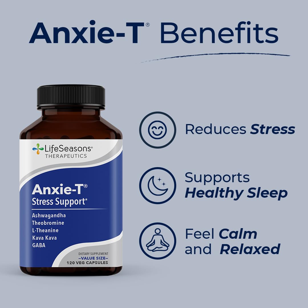 Anxie-T - Stress Relief Supplement - Supports Mood & Mental Focus - Feel Calm and Relaxed - Eases Tension & Nervousness - Ashwagandha, Kava Kava, GABA & L-Theanine - 60 Capsules