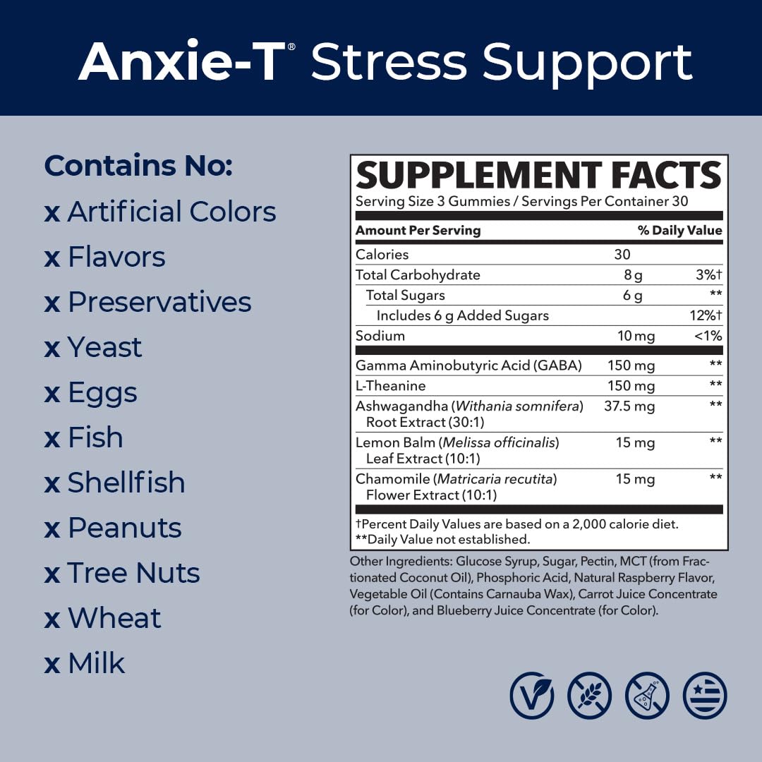 Anxie-T - Stress Relief Supplement - Supports Mood & Mental Focus - Feel Calm and Relaxed - Eases Tension & Nervousness - Ashwagandha, Kava Kava, GABA & L-Theanine - 60 Capsules